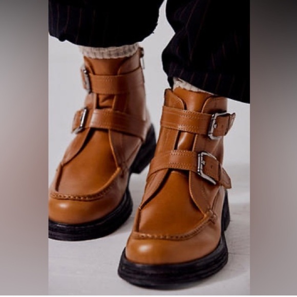 Free People Shoes - Free People Brown Double-Buckle Isla Moto Ankle Boots Leather Sz 10